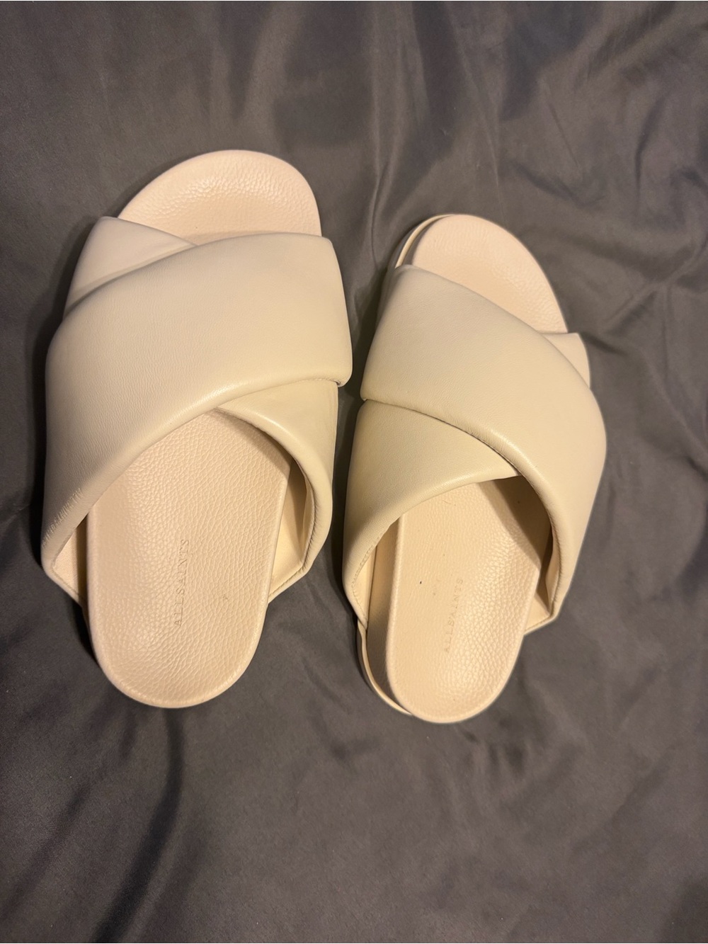 AllSaints Cream Cross-Band Slide Sandals